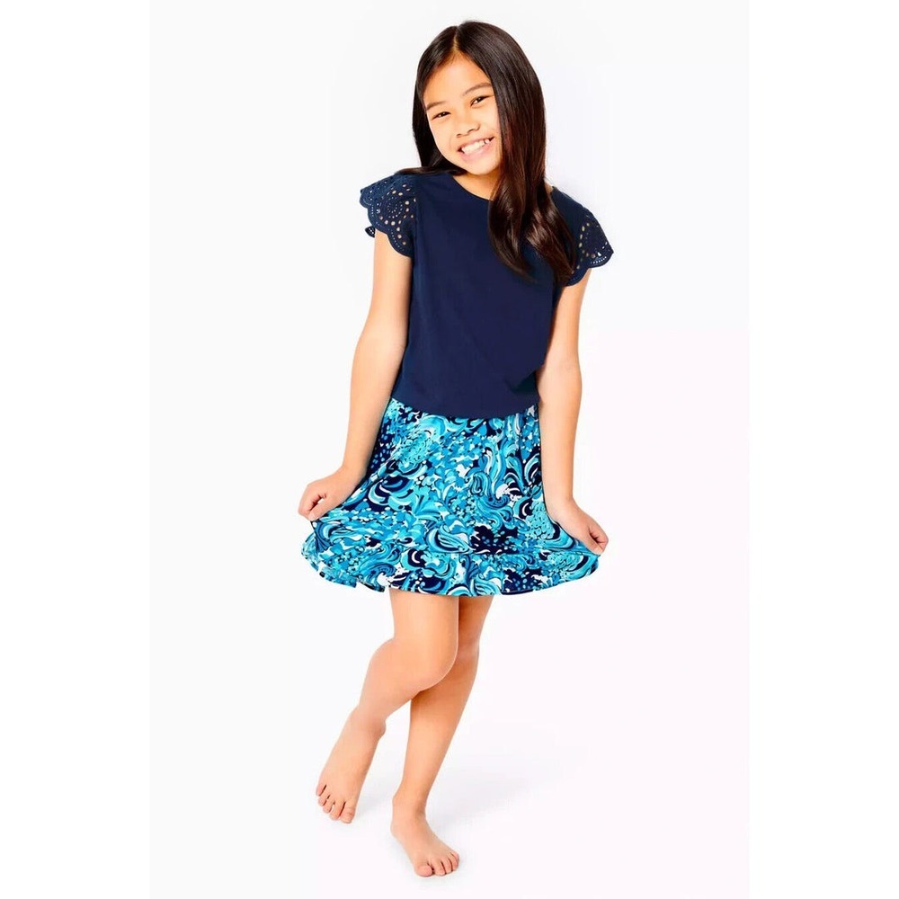 Lilly Pulitzer Girls Navy Blue Eyelet Flutter Sleeve Floral Skirt Dress L 8-10